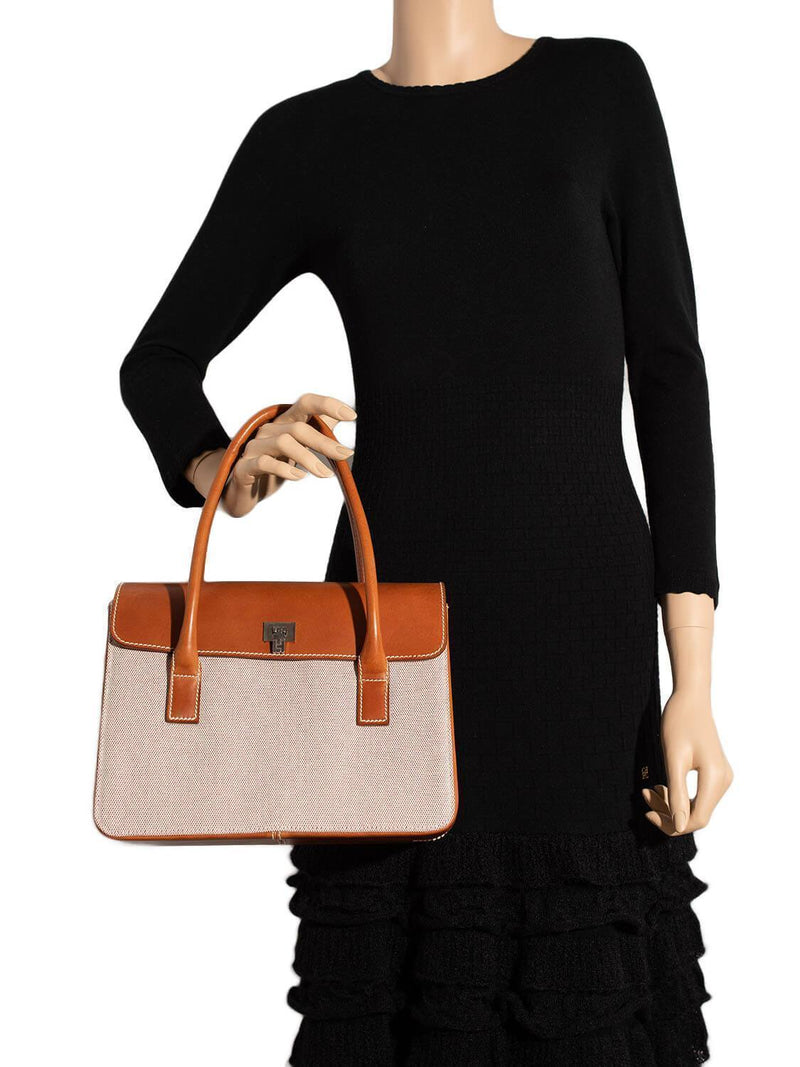 Lambertson Truex Natural Canvas Flap Bag Brown-designer resale