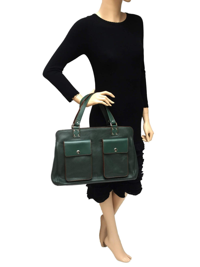 Lambertson Truex Structured Green Leather Tote Bag with Front Pockets-designer resale