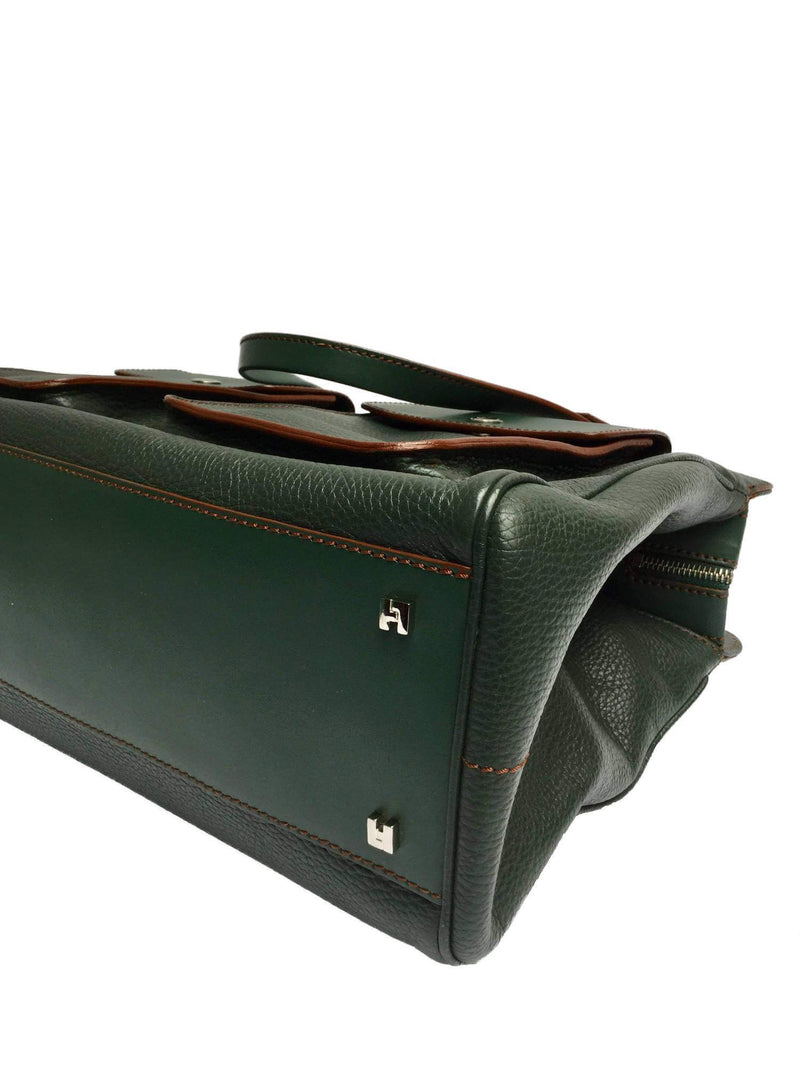 Lambertson Truex Structured Green Leather Tote Bag with Front Pockets-designer resale