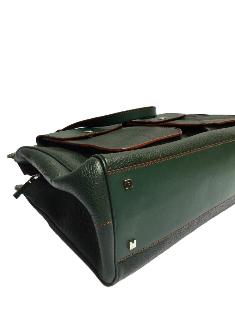 Lambertson Truex Structured Green Leather Tote Bag with Front Pockets-designer resale