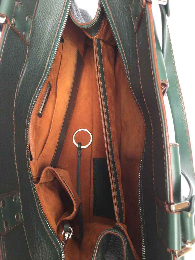 Lambertson Truex Structured Green Leather Tote Bag with Front Pockets-designer resale