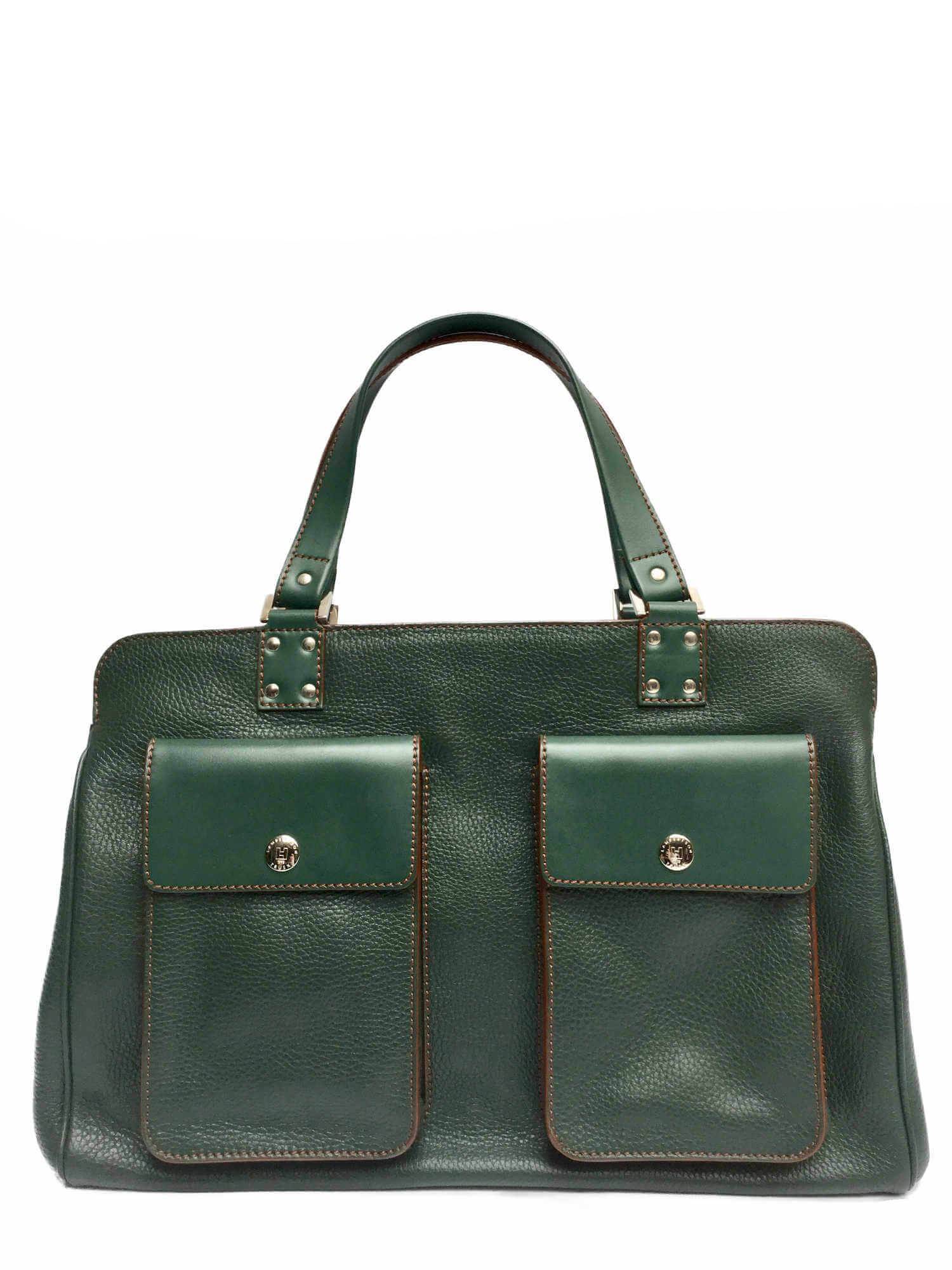 Lambertson Truex Structured Green Leather Tote Bag with Front Pockets-designer resale