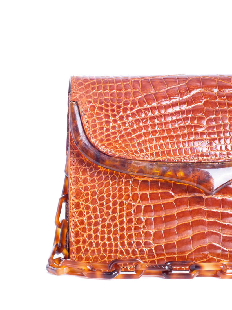 Lana Marks Shiny Crocodile Tortoiseshell Flap Messenger Bag Cognac-designer resale