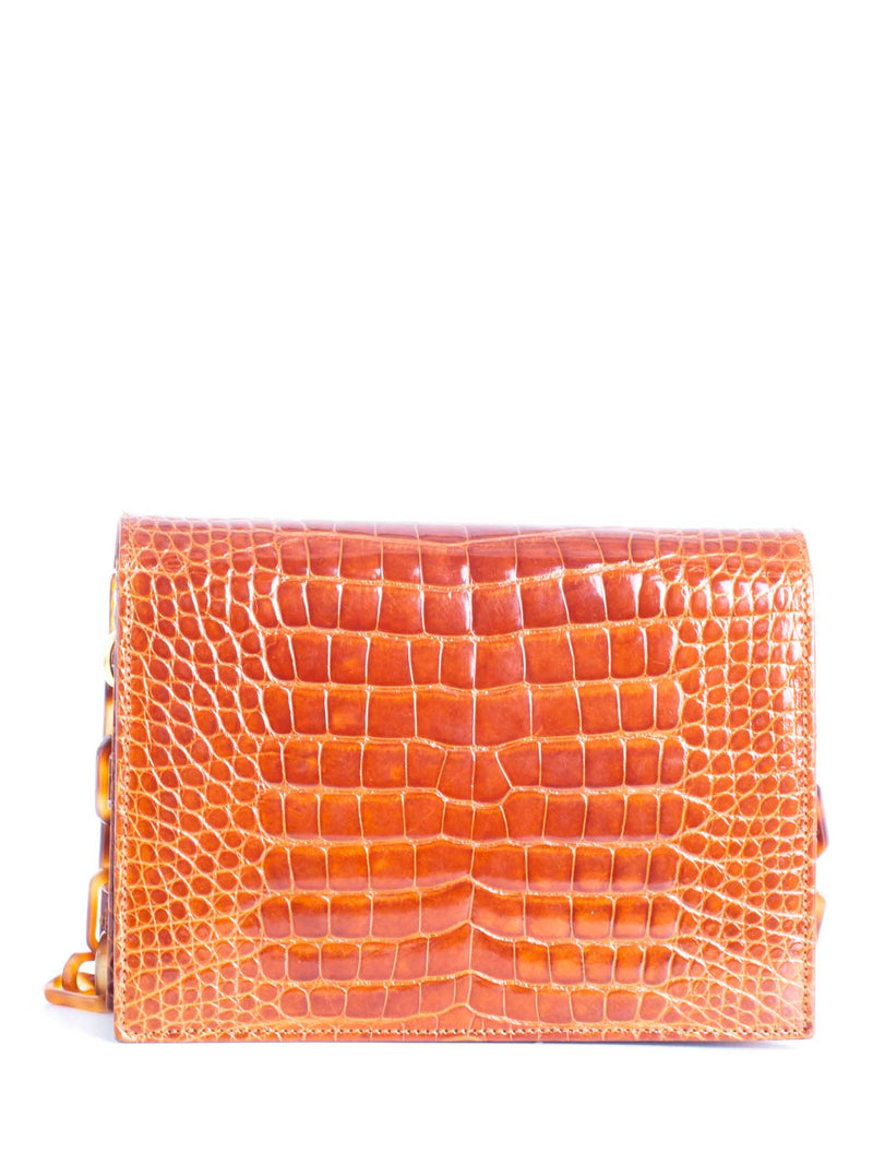 Lana Marks Shiny Crocodile Tortoiseshell Flap Messenger Bag Cognac-designer resale