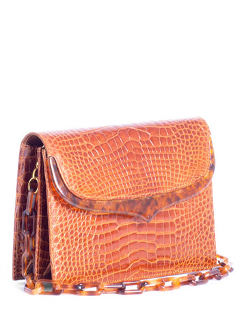 Lana Marks Shiny Crocodile Tortoiseshell Flap Messenger Bag Cognac-designer resale