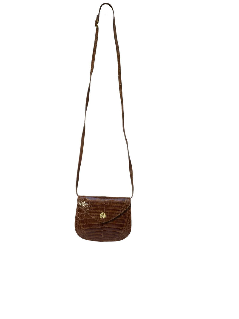 Lana Marks Vintage Shiny Brown Whiskey Alligator Mini Messenger Bag-designer resale