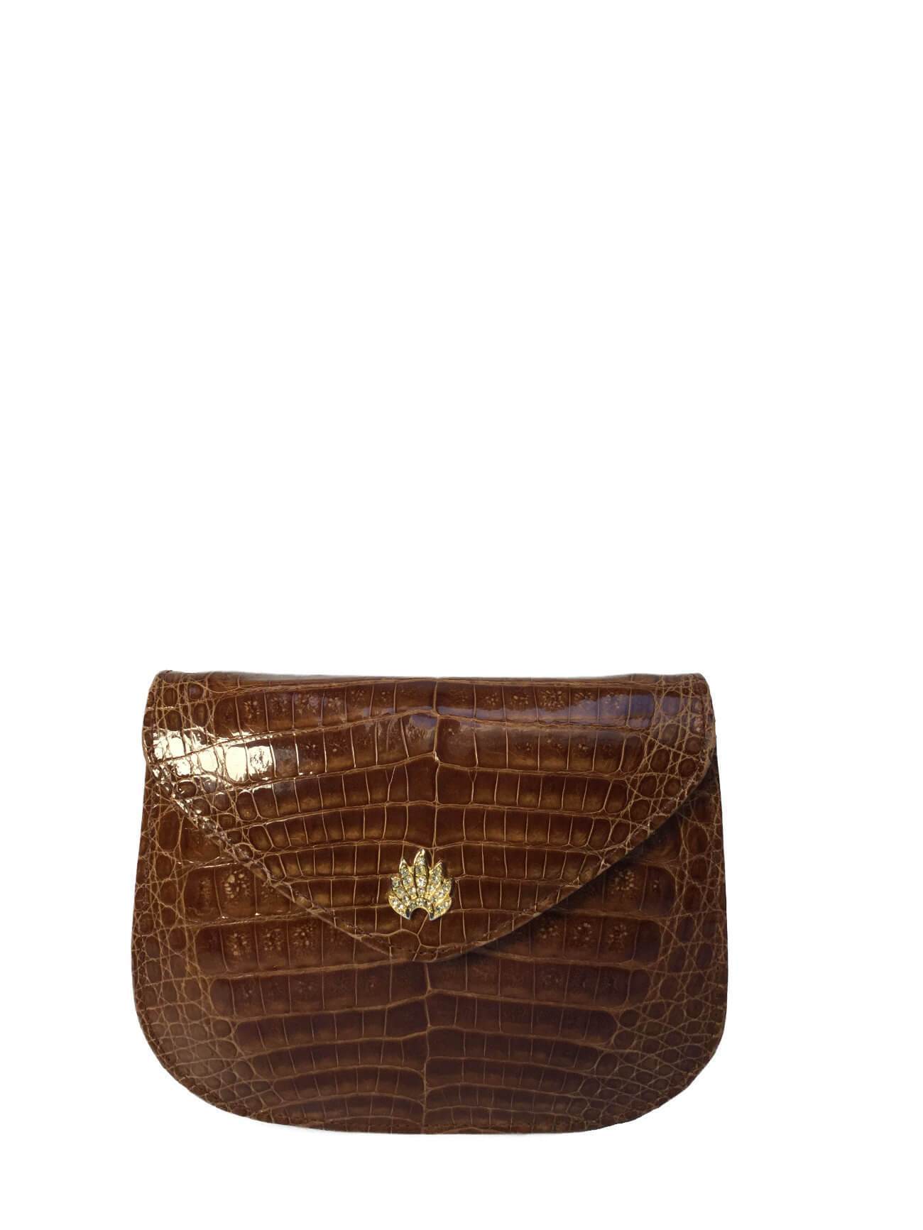 Lana Marks Vintage Shiny Brown Whiskey Alligator Mini Messenger Bag-designer resale