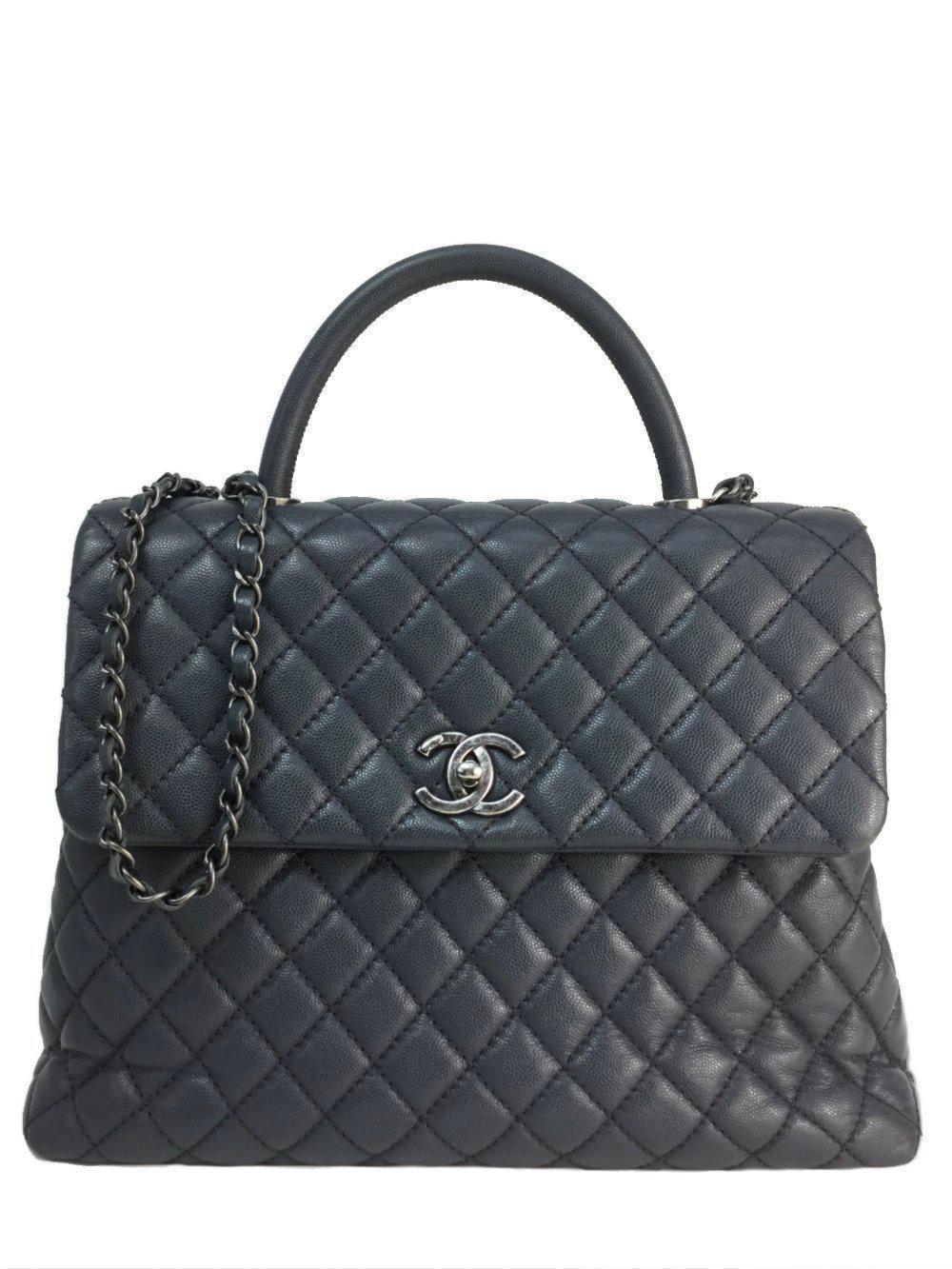 Large Grey Caviar Coco Top Handle Flap Bag Ruthenium Hardware-designer resale