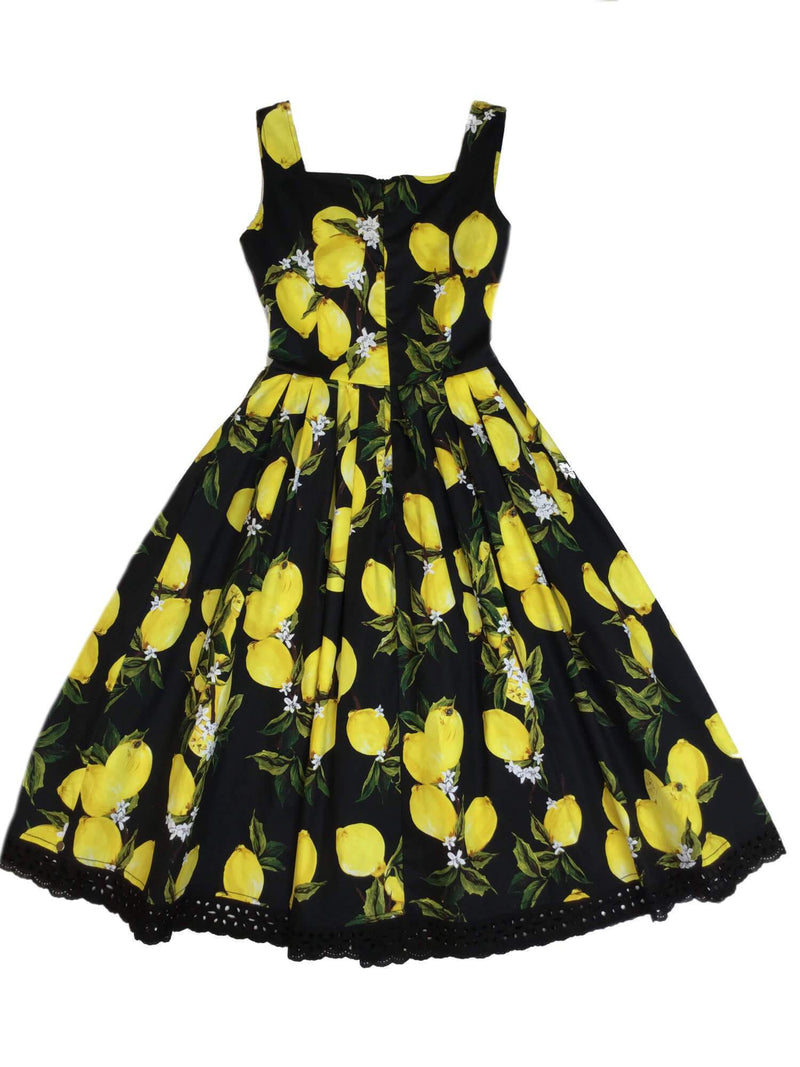 Lemon Print Black Cotton Midi A-Line Dress With Lace-designer resale