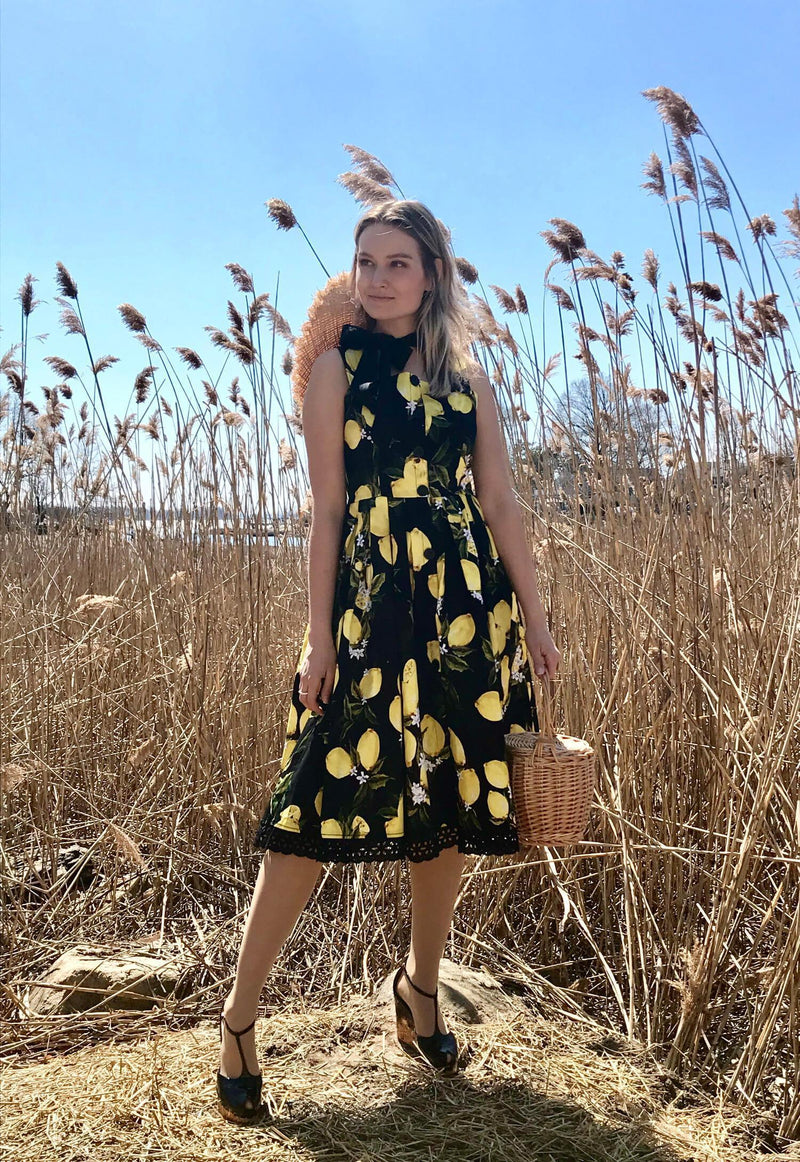 Lemon Print Black Cotton Midi A-Line Dress With Lace-designer resale