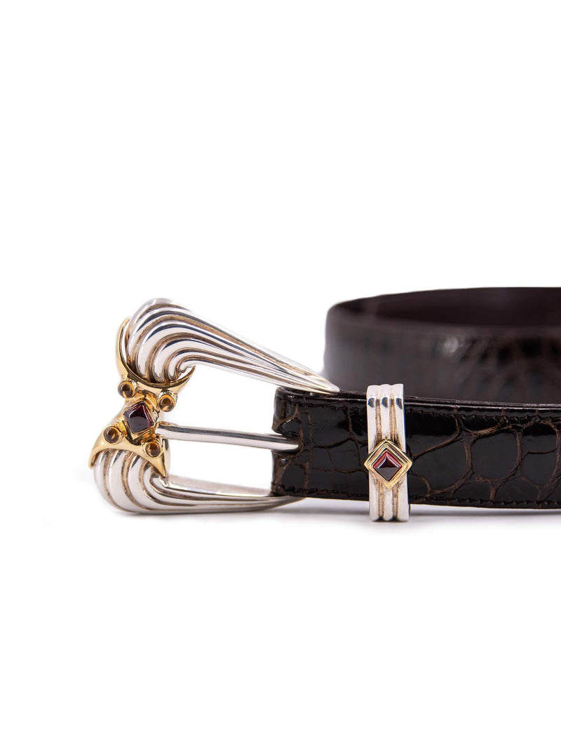 Leslie Gwenn 14K Gold Sterling Silver Alligator Belt Brown-designer resale