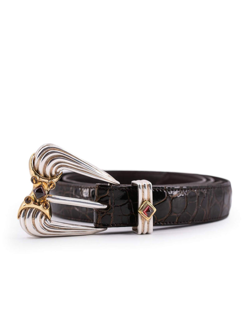 Leslie Gwenn 14K Gold Sterling Silver Alligator Belt Brown-designer resale