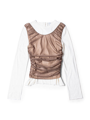 Loewe Cotton Chiffon Layered Long Sleeve Top Brown Ivory-designer resale