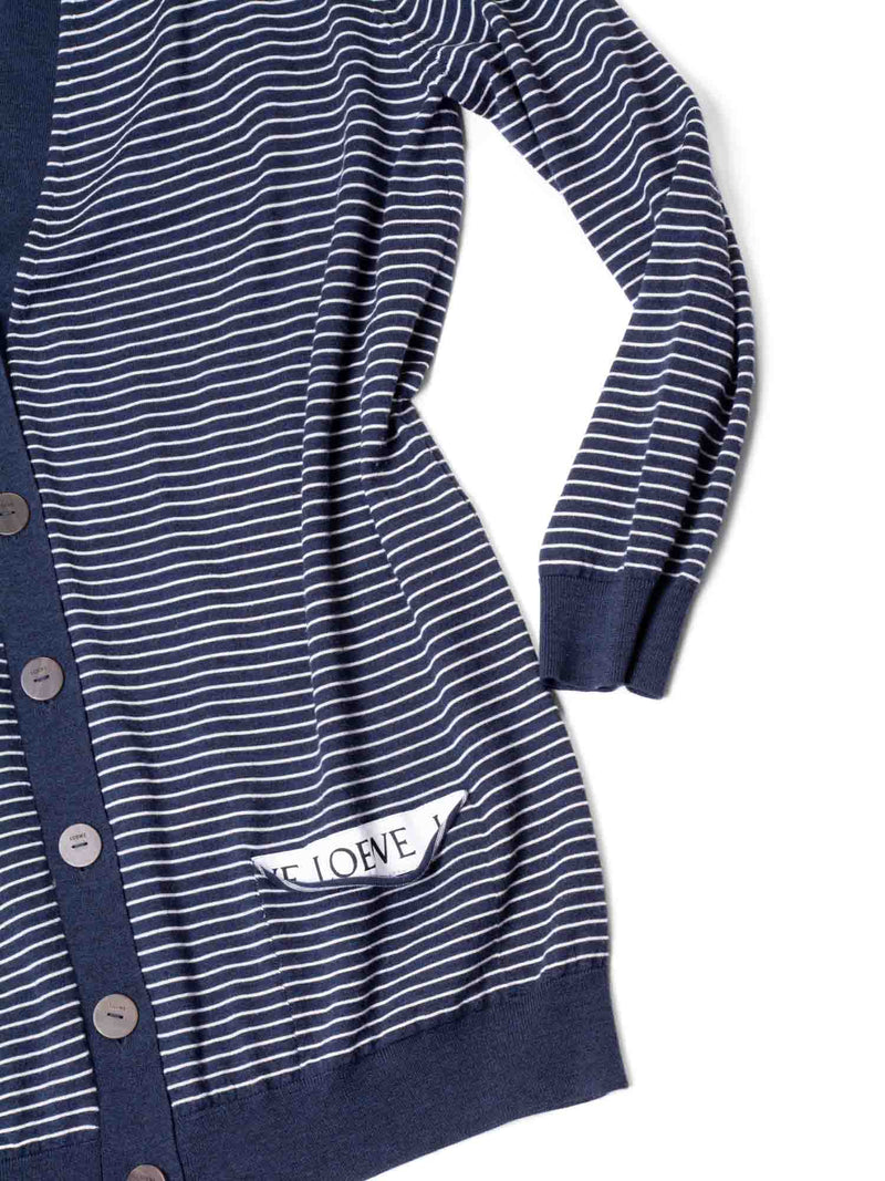 Loewe Knit Logo Stripes Button Down Cardigan Navy White-designer resale