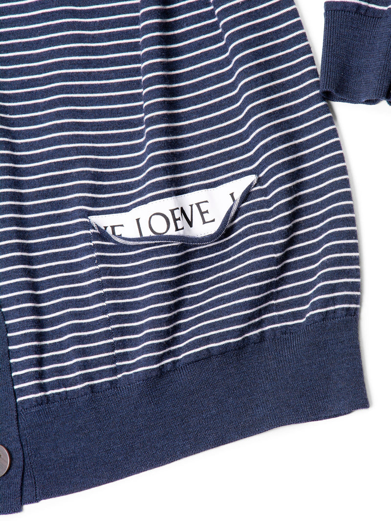 Loewe Knit Logo Stripes Button Down Cardigan Navy White-designer resale