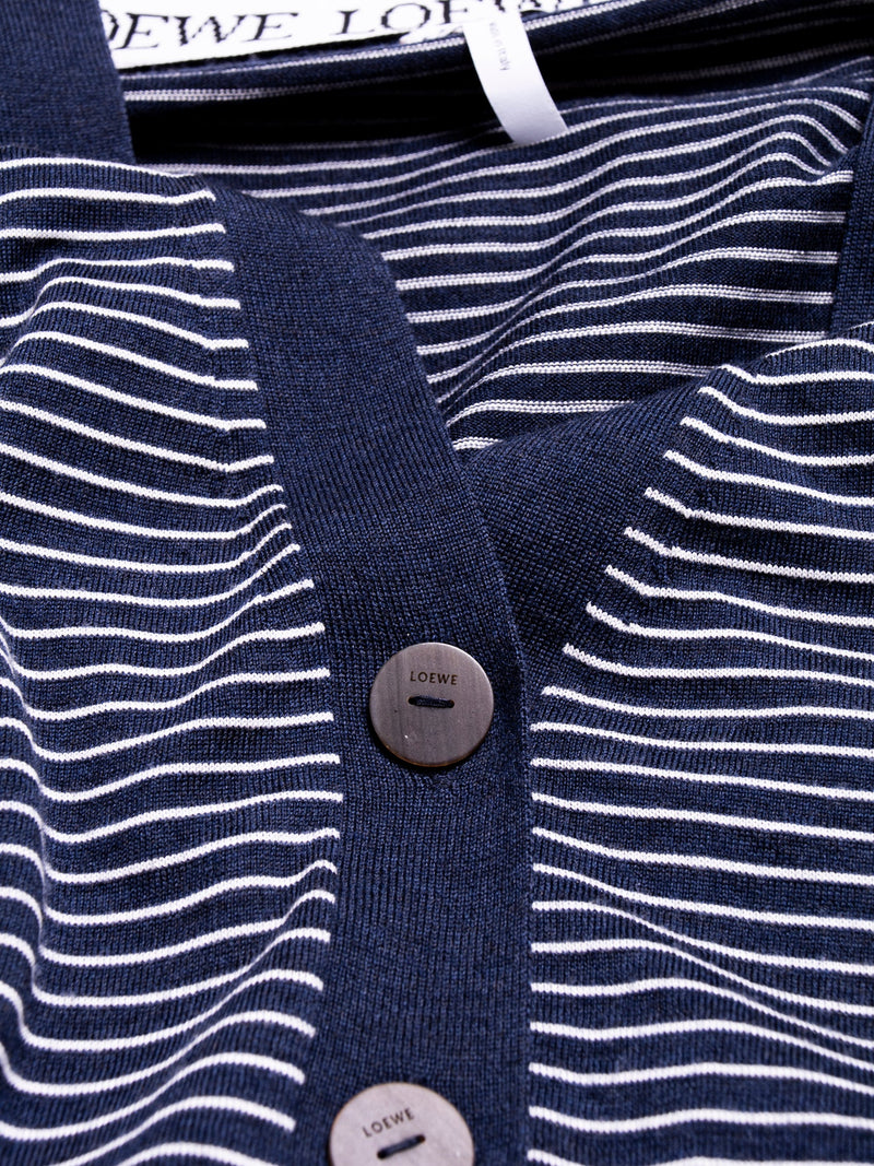 Loewe Knit Logo Stripes Button Down Cardigan Navy White-designer resale