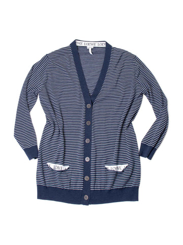 Loewe Knit Logo Stripes Button Down Cardigan Navy White-designer resale