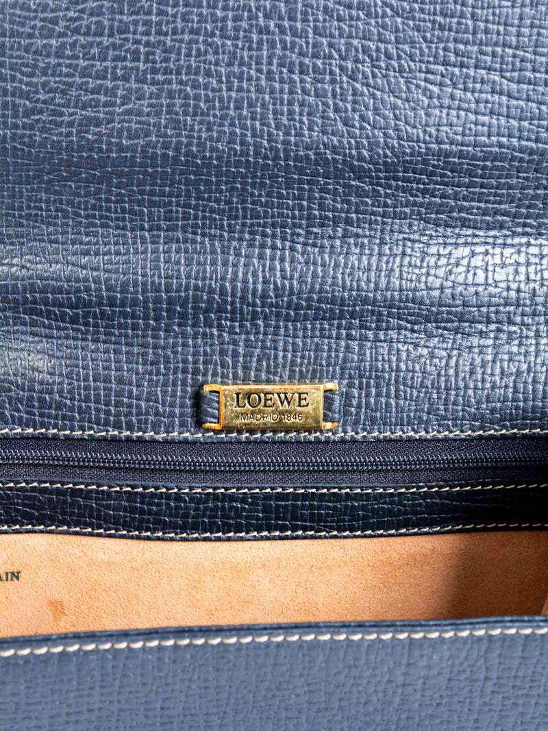Loewe Pebble Leather Top Handle Flap Bag Navy Blue-designer resale