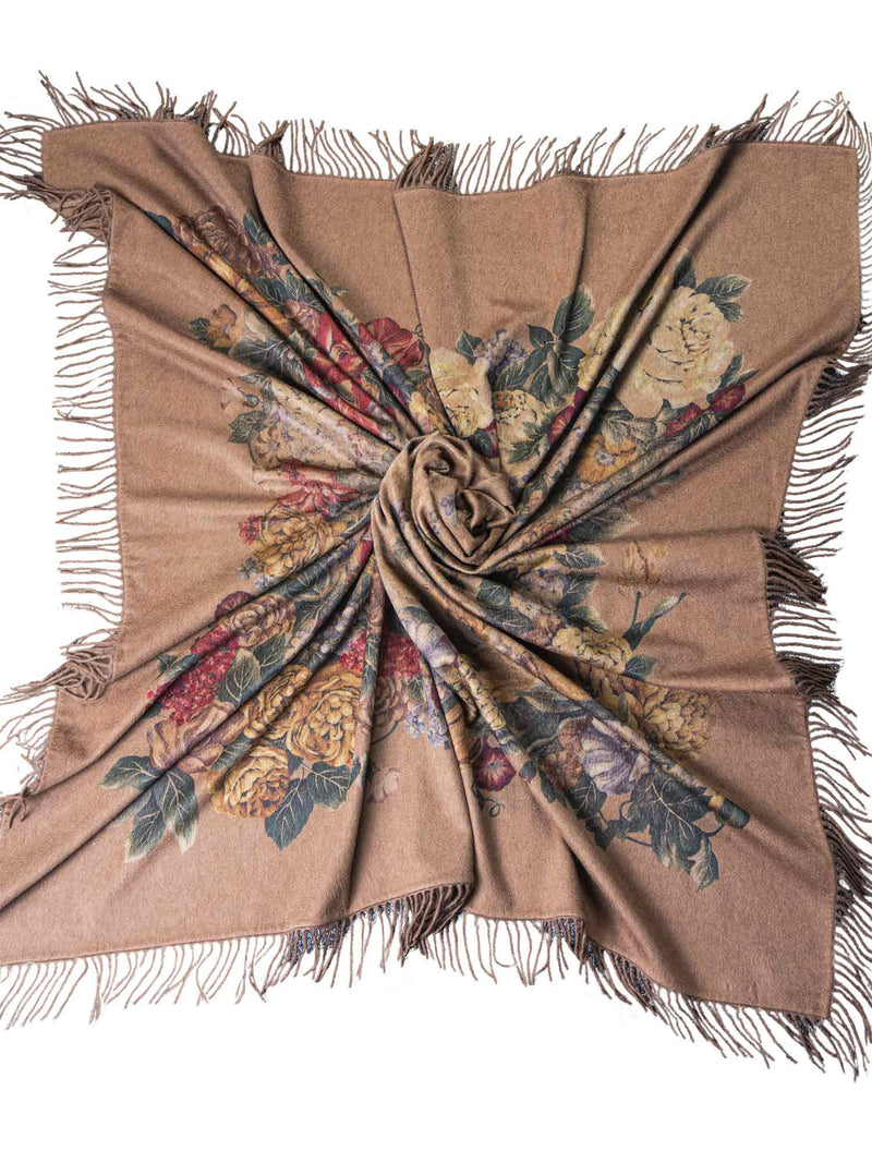 Loro Piana Cashmere Fringe Floral Shawl Brown-designer resale