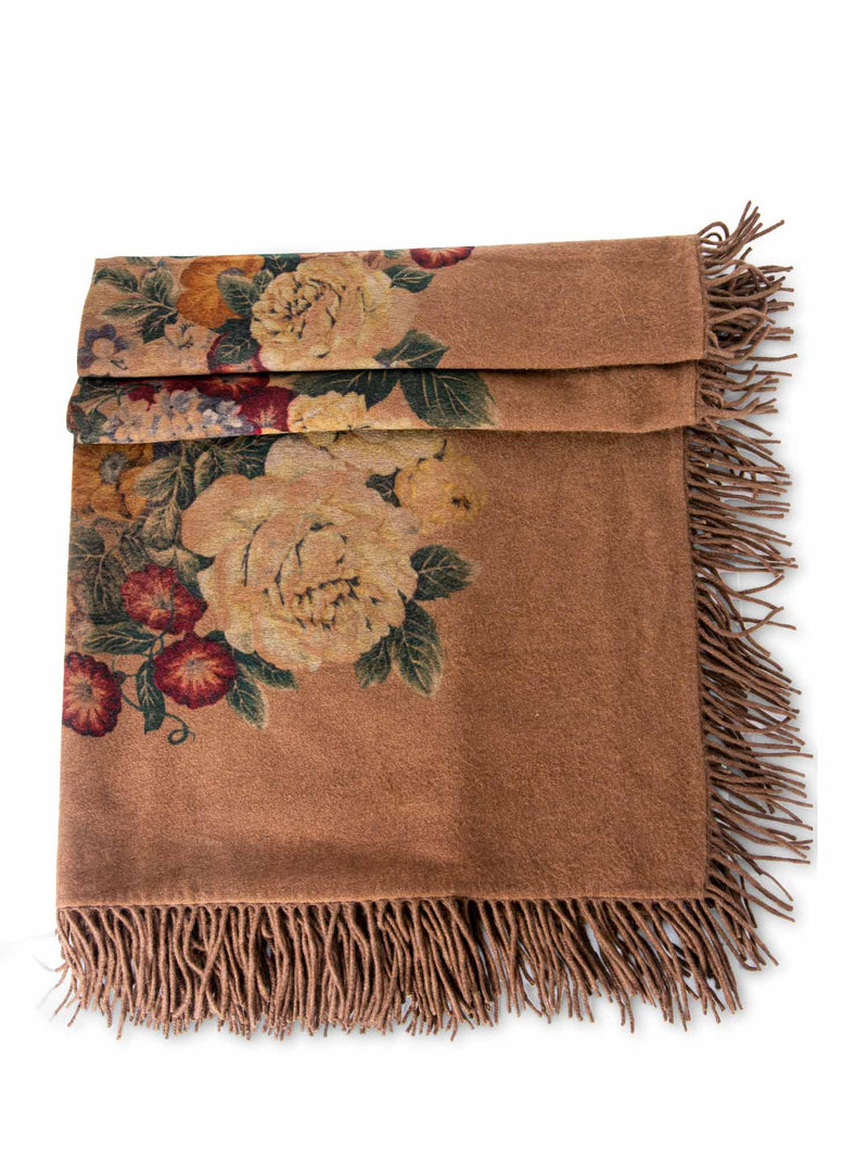 Loro Piana Cashmere Fringe Floral Shawl Brown-designer resale