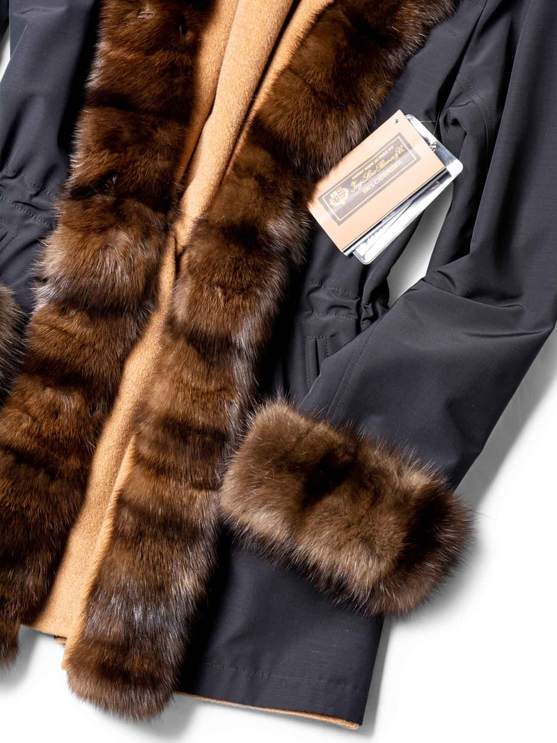 Loro Piana Nylon Cashmere Sable Fur Reversible Coat Hood Black Brown-designer resale