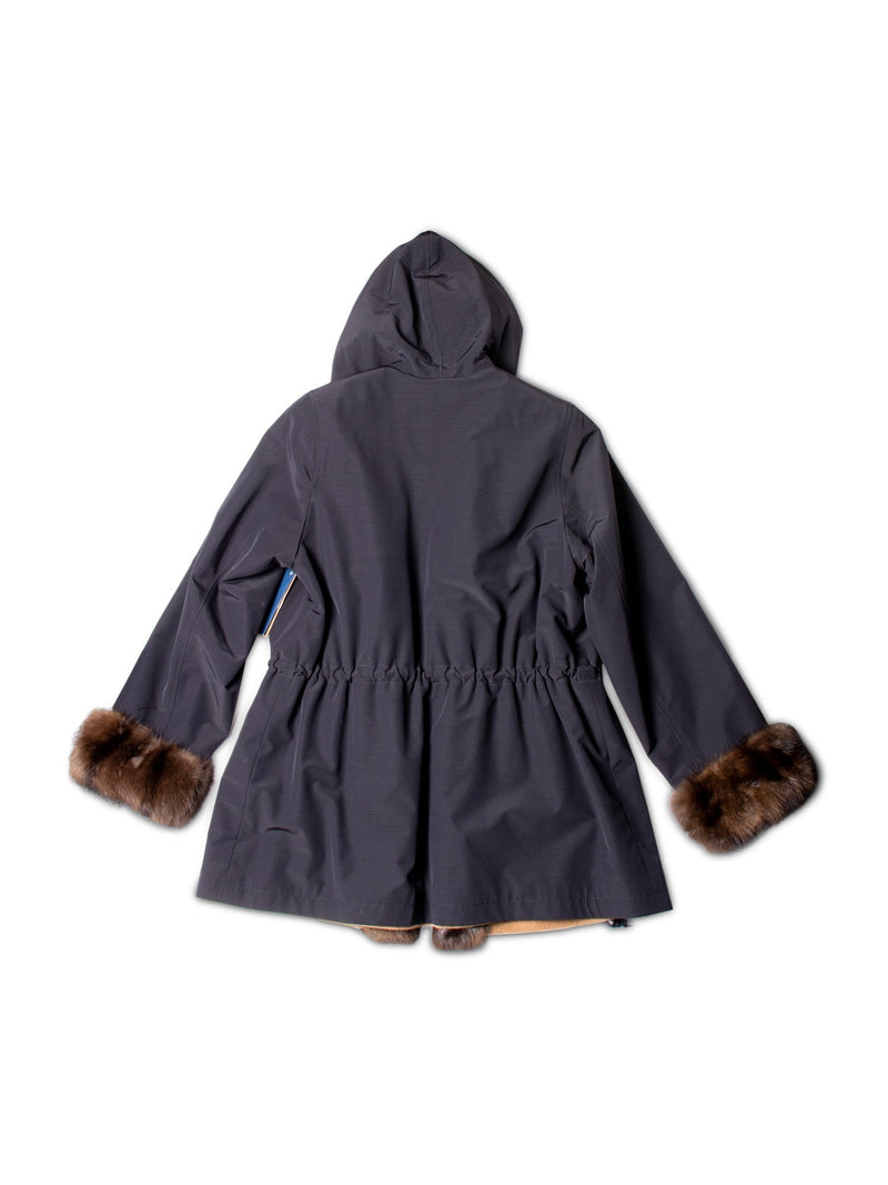 Loro Piana Nylon Cashmere Sable Fur Reversible Coat Hood Black Brown-designer resale