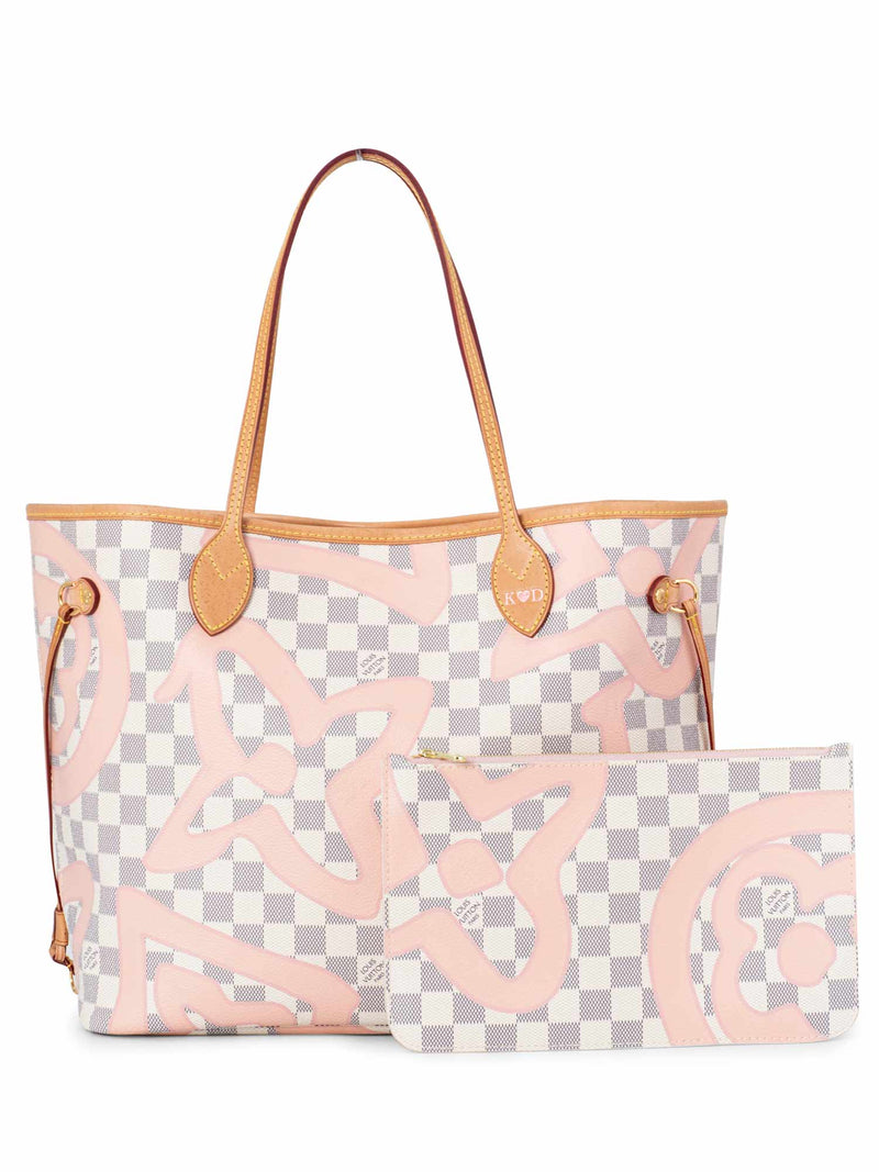 Louis Vuitton Damier Azur Giant Monogram Neverfull Bag MM White Pink