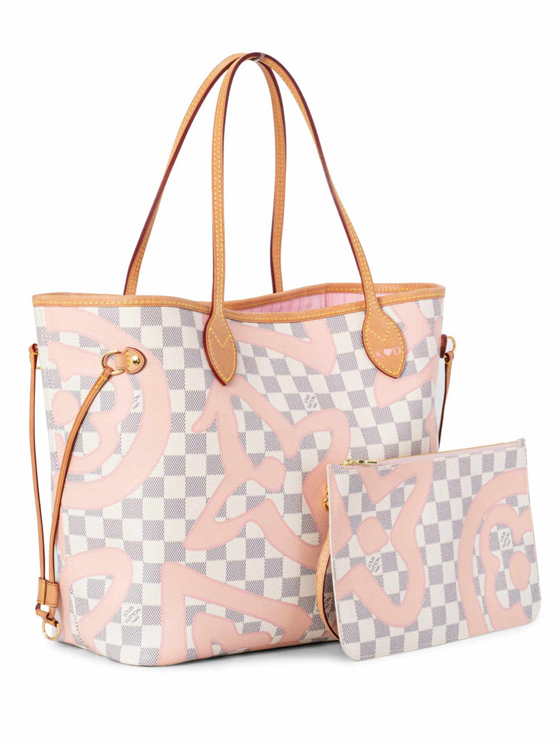 Louis Vuitton Damier Azur Giant Monogram Neverfull Bag MM White Pink-designer resale