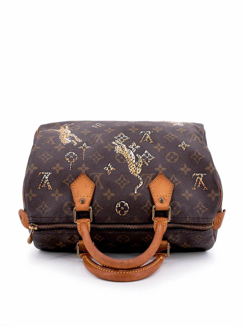 Louis Vuitton Speedy 30 Women's Authentic Pre Owned Custom Painted Handbag Dual Top Handles Brown, Red Luxury Monogram Canvas