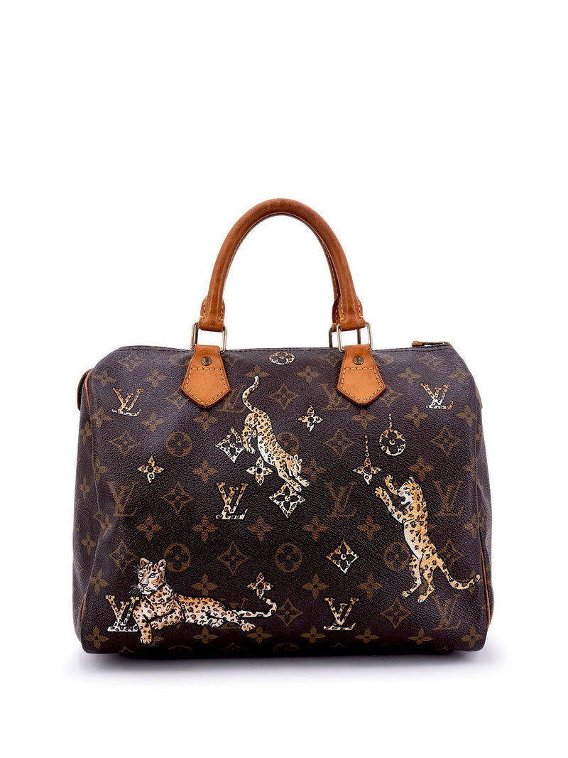 Louis Vuitton Speedy 30 Women's Authentic Pre Owned Custom Painted Handbag Dual Top Handles Brown, Red Luxury Monogram Canvas