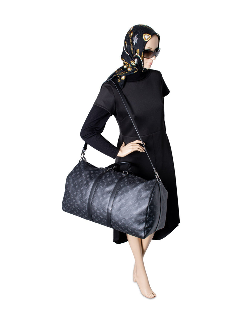 Louis Vuitton Monogram Leather Eclipse Keepall Bag 55 Black-designer resale