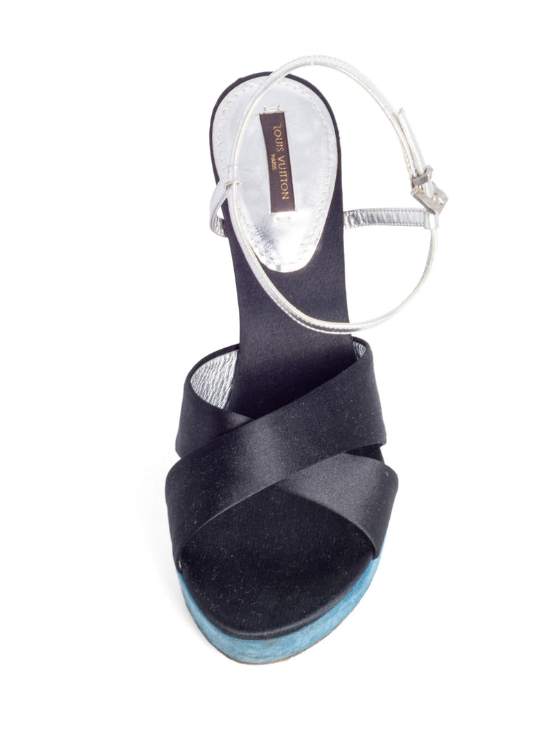 Louis Vuitton Suede Leather Wedge Pumps Blue Black Silver-designer resale
