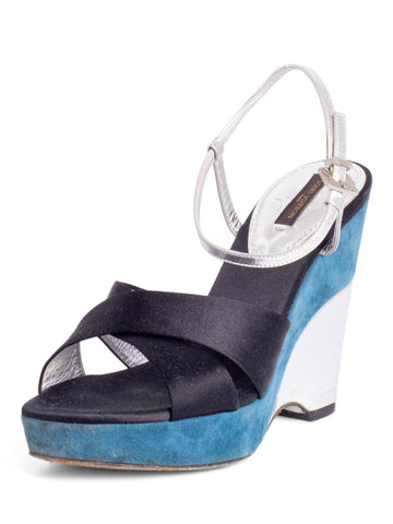Louis Vuitton Suede Leather Wedge Pumps Blue Black Silver-designer resale