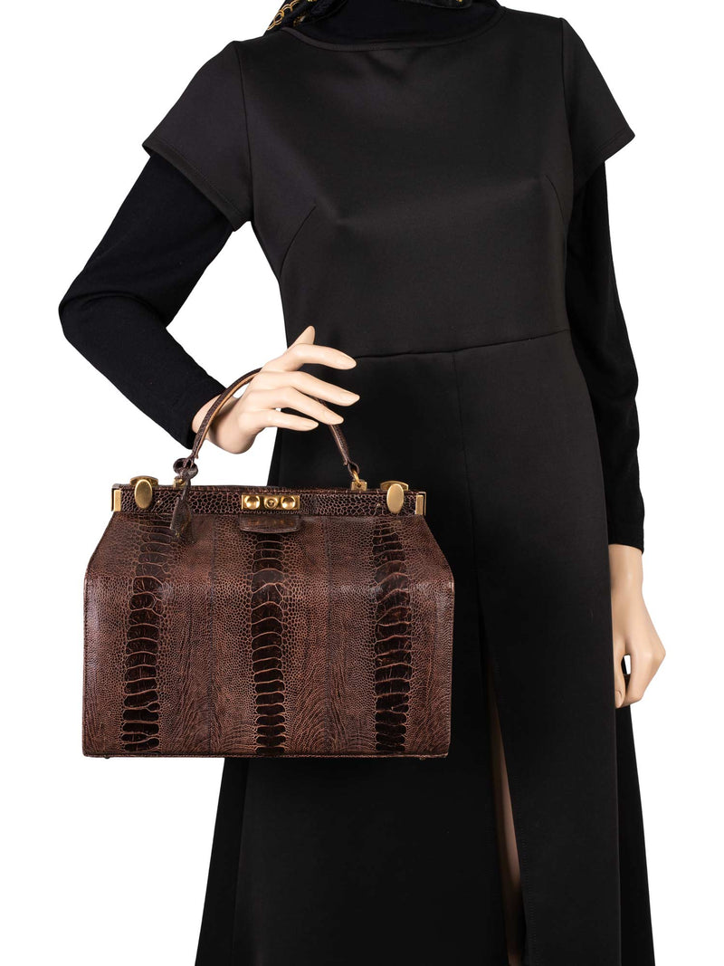 Luc Benoit Shiny Snakeskin Top Handle Framed Doctor Bag Brown-designer resale
