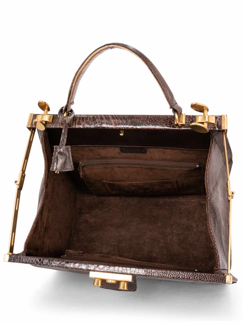 Luc Benoit Shiny Snakeskin Top Handle Framed Doctor Bag Brown-designer resale