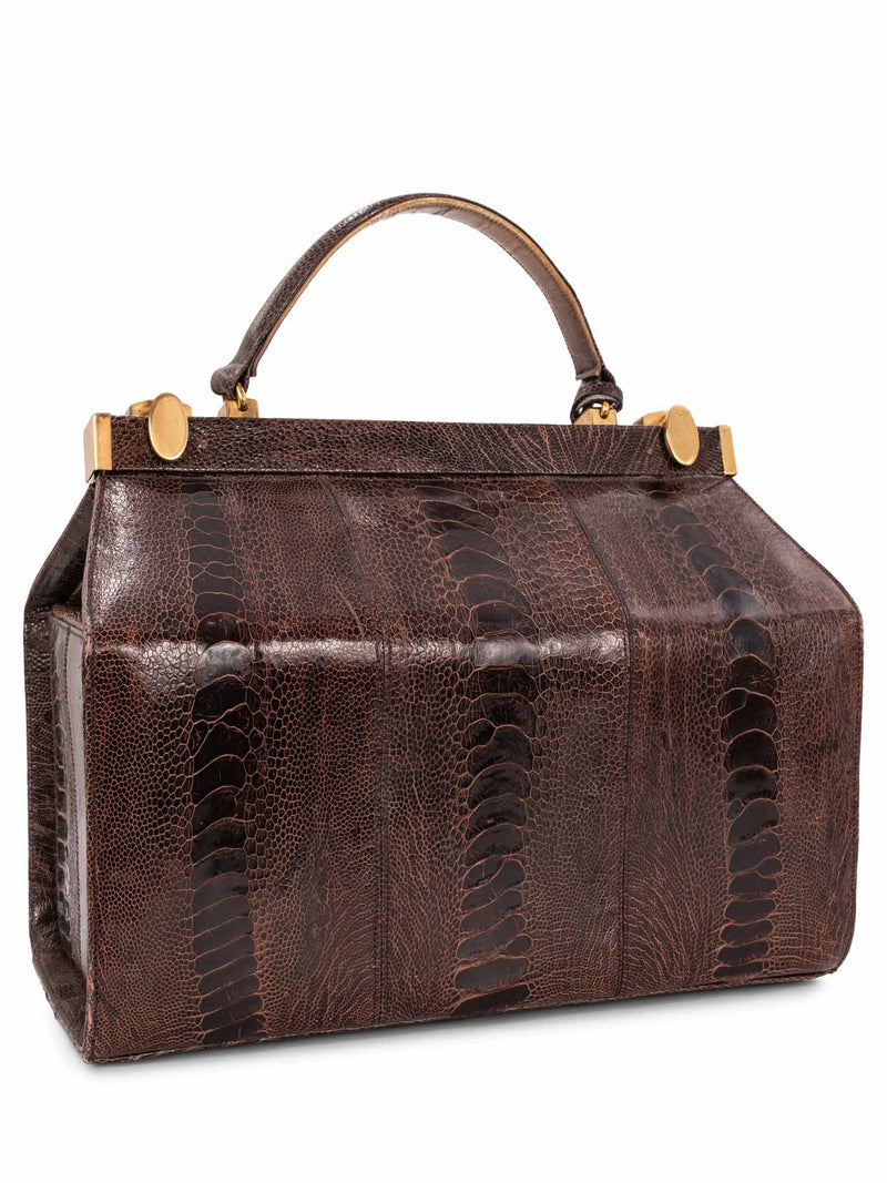 Luc Benoit Shiny Snakeskin Top Handle Framed Doctor Bag Brown-designer resale
