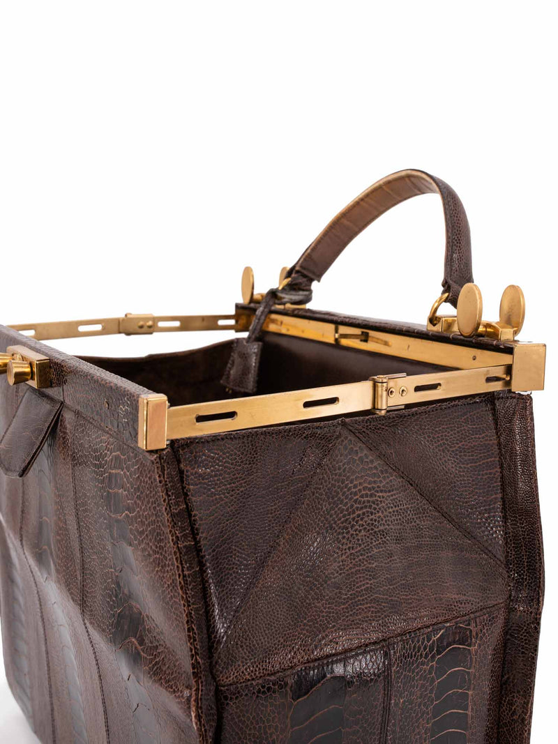Luc Benoit Shiny Snakeskin Top Handle Framed Doctor Bag Brown-designer resale