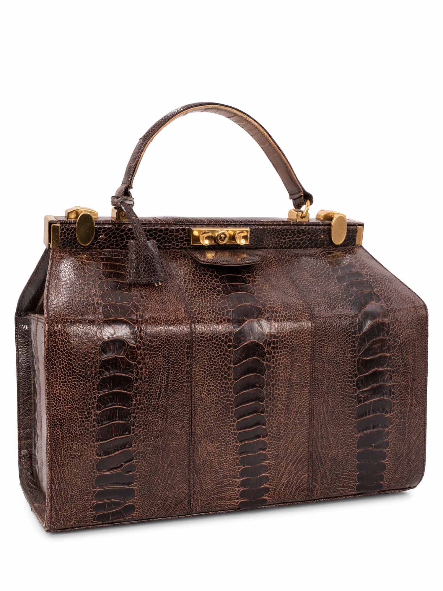 Luc Benoit Shiny Snakeskin Top Handle Framed Doctor Bag Brown-designer resale