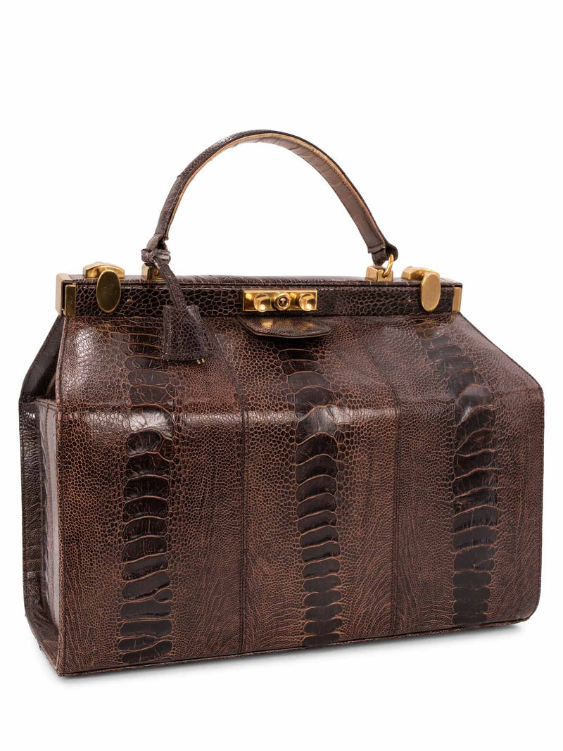 Luc Benoit Shiny Snakeskin Top Handle Framed Doctor Bag Brown-designer resale
