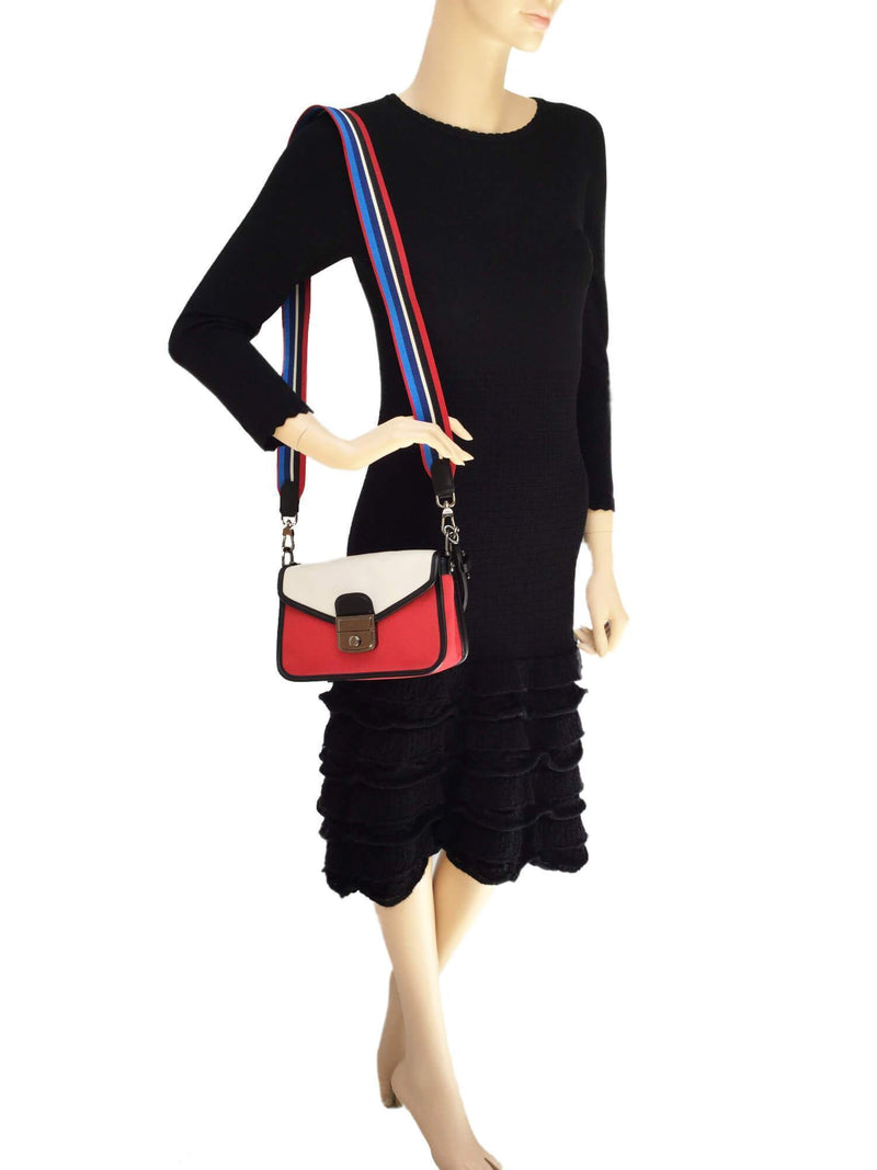 Mademoiselle Red White Canvas Black Leather Flap Messenger Bag-designer resale