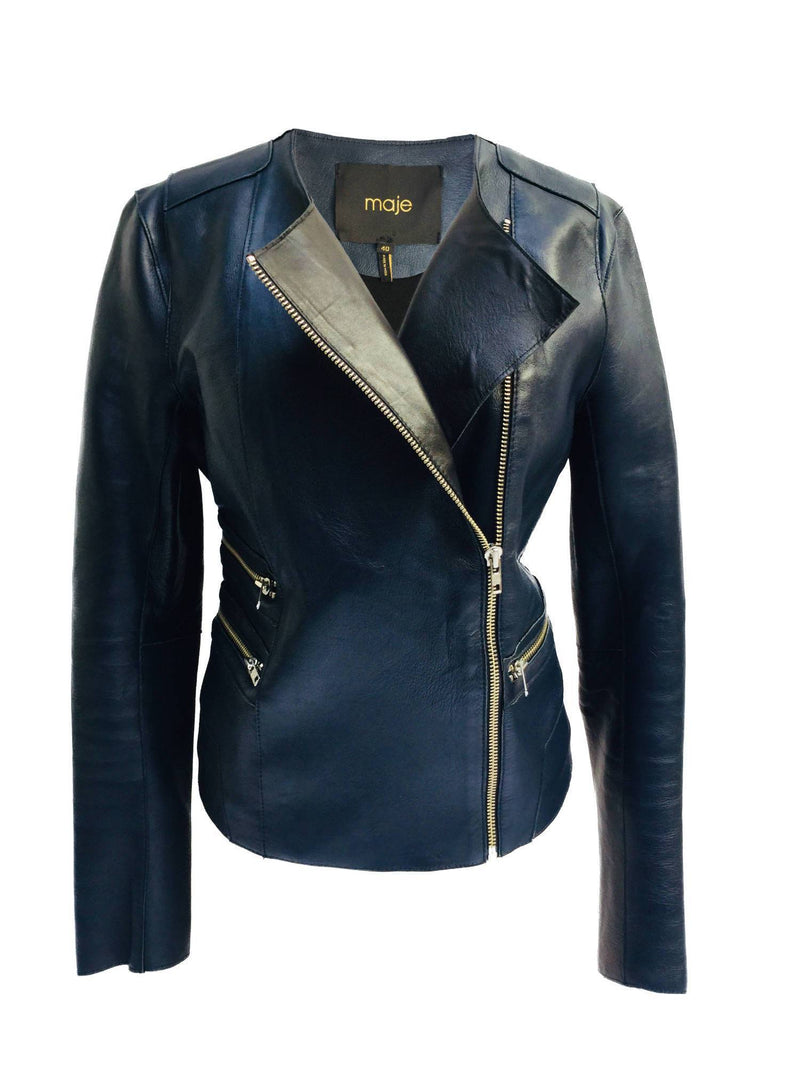 Maje Leather Biker Jacket Blue Black-designer resale