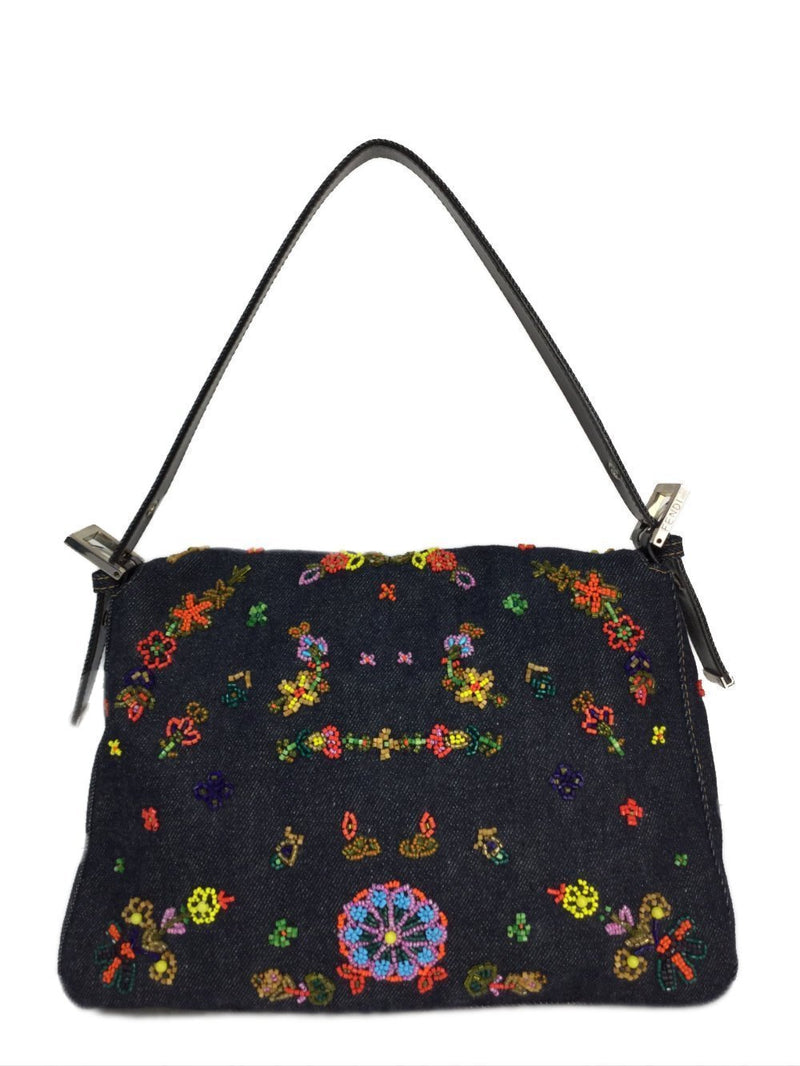 Mama Dark Blue Beaded Denim Shoulder Bag Silver Hardware-designer resale
