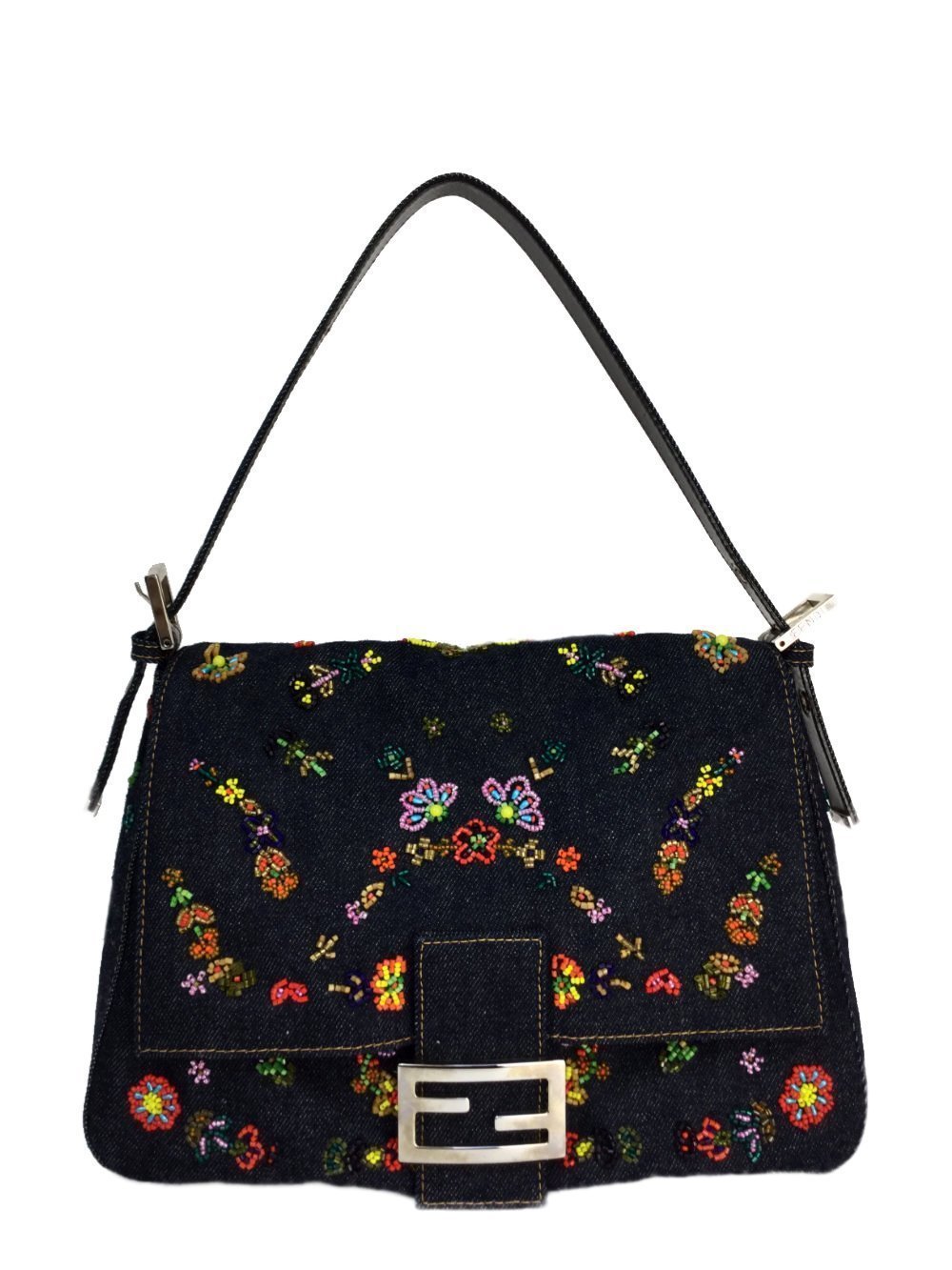 Mama Dark Blue Beaded Denim Shoulder Bag Silver Hardware-designer resale