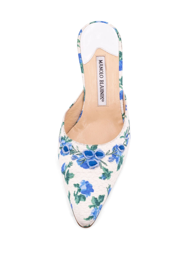 Manolo Blahnik Floral Embroidered Kitten Heels Blue White-designer resale