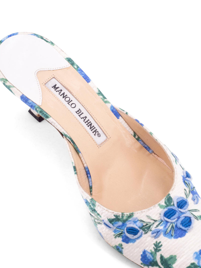 Manolo Blahnik Floral Embroidered Kitten Heels Blue White-designer resale