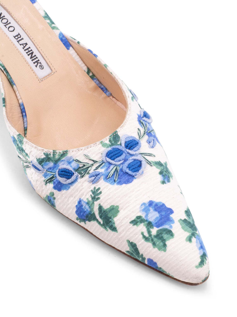Manolo Blahnik Floral Embroidered Kitten Heels Blue White-designer resale