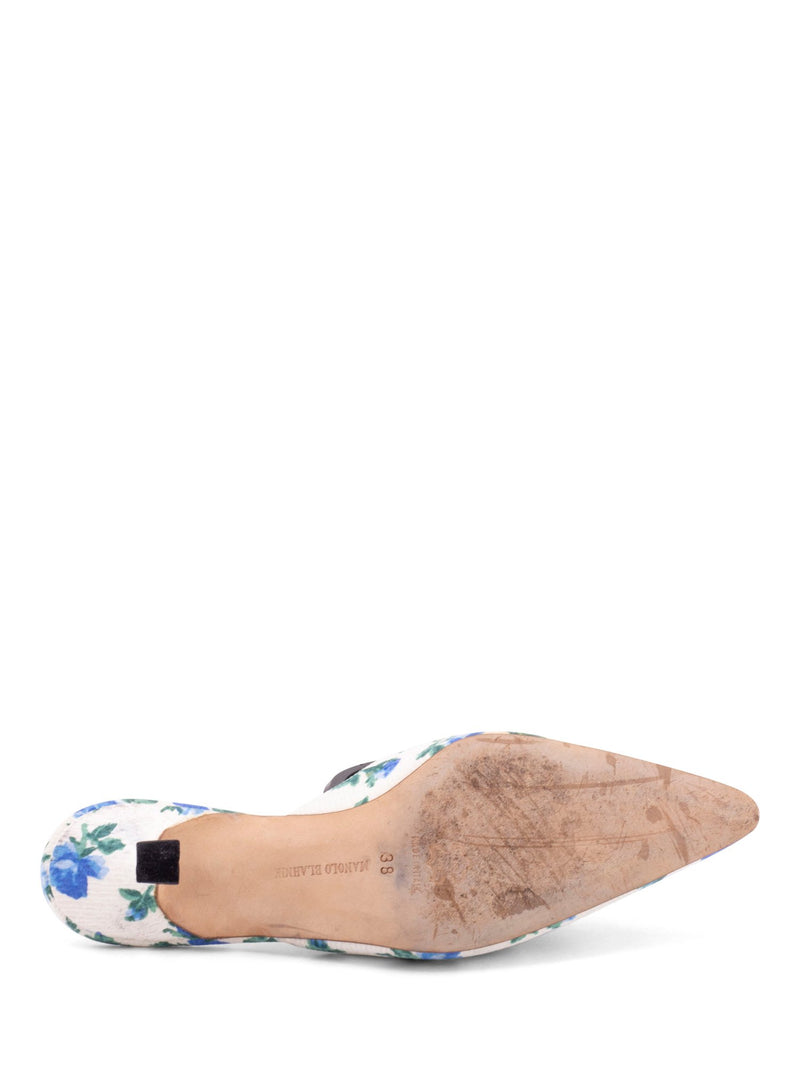 Manolo Blahnik Floral Embroidered Kitten Heels Blue White-designer resale
