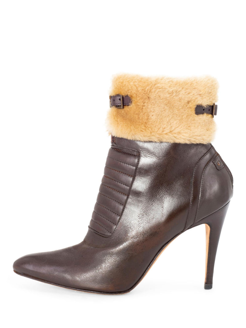 Manolo Blahnik Leather Fur Buckle Ankle Boots Brown-designer resale