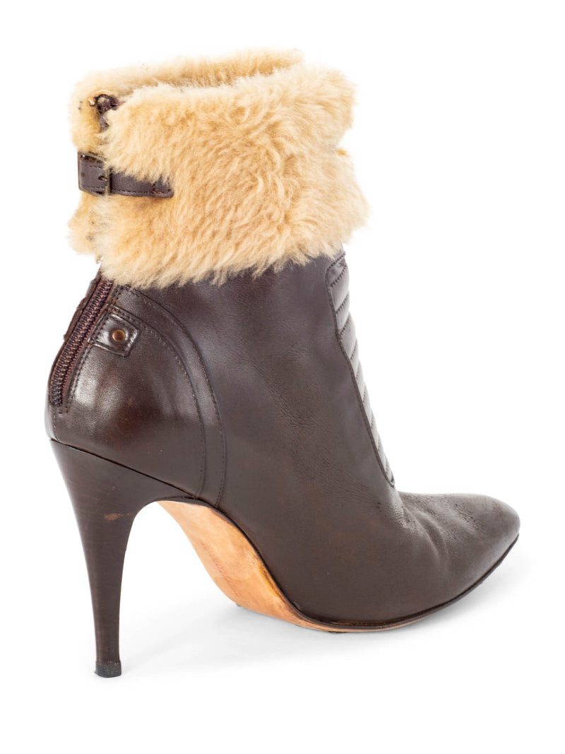 Manolo Blahnik Leather Fur Buckle Ankle Boots Brown-designer resale