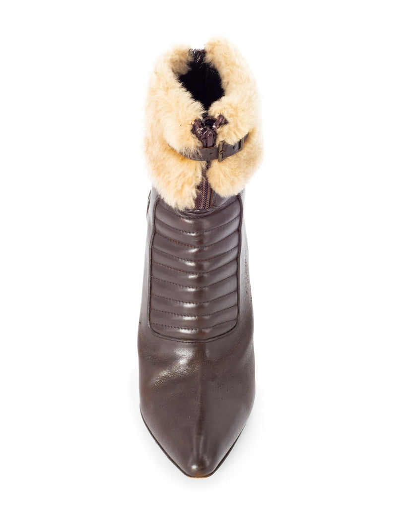 Manolo Blahnik Leather Fur Buckle Ankle Boots Brown-designer resale